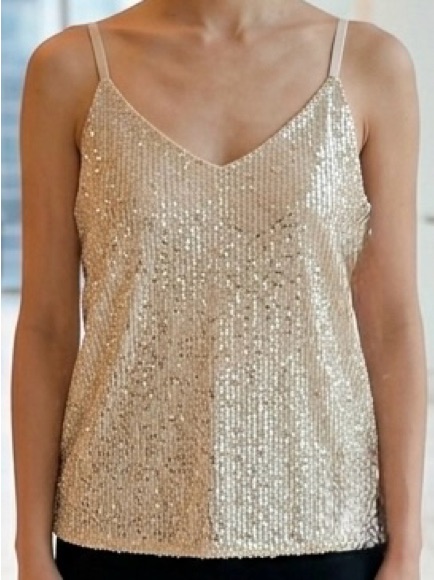 Sheilay Sequin Cami Tank Top Champagne Gold Shimmer V-Neck Party Blouse Sz M Euc